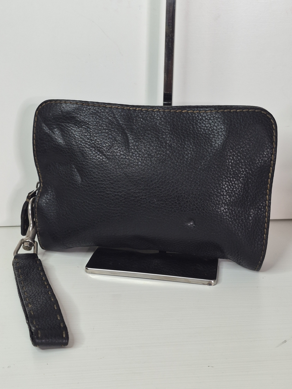 Fendi Black Leather Wristlet with Contrast Stitching